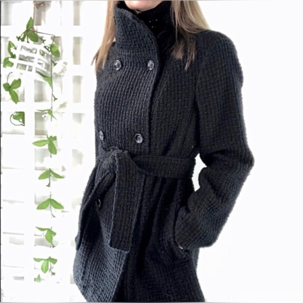Calvin Klein Womens Black Tweed Long Sleeves Wool Coat Outerwear Used